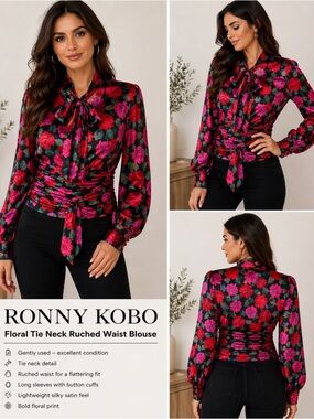 Ronny Kobo Floral Blouse Tie Neck Ruched Waist Statement Top L